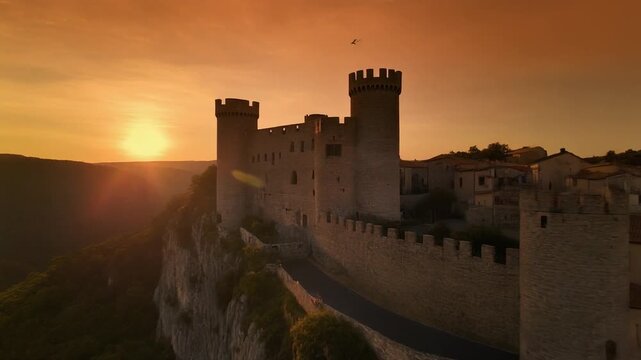 Ancient castle walls and towers bathed in the warm glow of a sunset over a dramatic landscape.