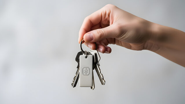 A hand holding a set of keys with a silver keychain against a plain grey background