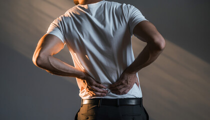 Man experiencing back pain holding spine with hands