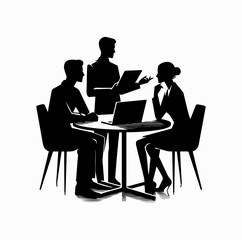 Fototapeta premium Coworkers Silhouettes Discussing Ideas at a Table with Laptop
