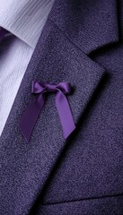 A purple ribbon on a suit jacket symbolizing support for women's rights and empowerment.