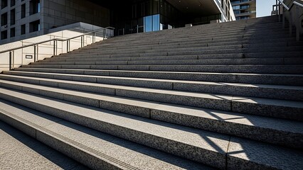 A long, wide outdoor stone staircase leading up to a modern building under sunlight, with shadows on the steps.