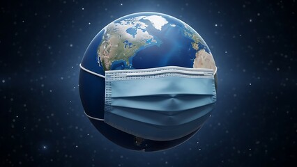 Planet Earth wearing a protective face mask, symbolizing the global impact of the pandemic and the need for health precautions