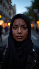 A confident woman wearing a hijab stands in the city, symbolizing female empowerment and diversity.