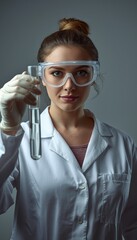 A confident young woman in a lab coat holding a test tube, symbolizing female achievement in science and technology.