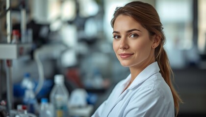 A confident young woman in a lab coat smiling in a modern laboratory setting.