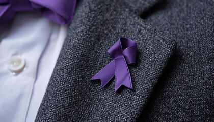 A close-up on a suit showing support for International Women's Day by wearing a purple ribbon