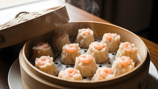 Freshly steamed siomay or dim sum topped with shrimp in a traditional bamboo steamer basket with steam rising.