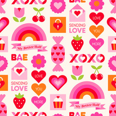 Cute geometric icons seamless pattern design for Valentine's Day background.