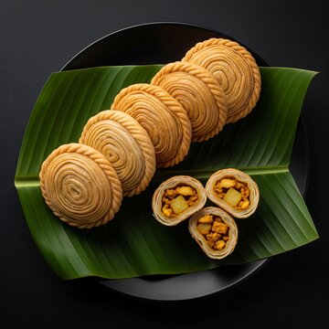 five golden, crispy Curry Puffs (Karipap). The pastry shows distinct spiral layers. Arranged neatly on a vibrant green banana leaf over a black plate. One puff is halved to show the potato and chicken