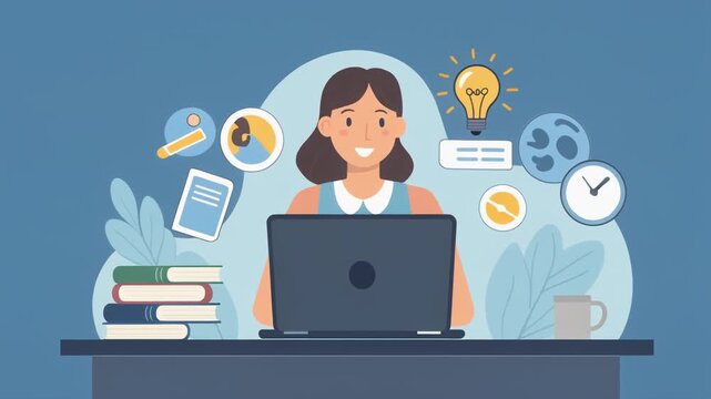A smiling woman working on a laptop at a desk surrounded by icons representing ideas, time, learning, and productivity.