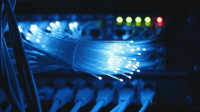 Close Up of Illuminated Blue Fiber Optic Strands Connected to Network Server Equipment with Blinking Green and Red LED Lights in a Dark Room