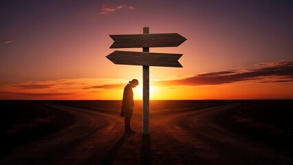 A solitary figure stands at a crossroads, contemplating a difficult decision as the sun sets, casting long shadows