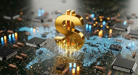 Digital Finance - Golden Dollar Sign on Circuit Board Representing Global Economy.