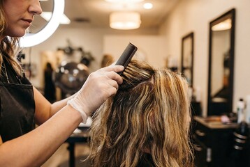 Naklejka premium Woman hairdresser applying hair dye to client in salon. Hair coloring service and beauty treatment concept for hair care business.