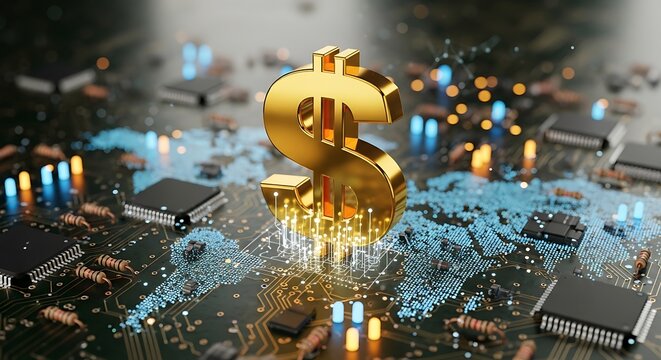 Digital Finance - Golden Dollar Sign on Circuit Board Representing Global Economy. - Powered by Adobe