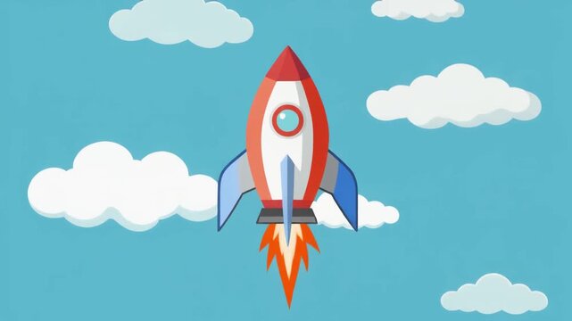 Flat design illustration of a red and white rocket launching into a blue sky with fluffy white clouds.