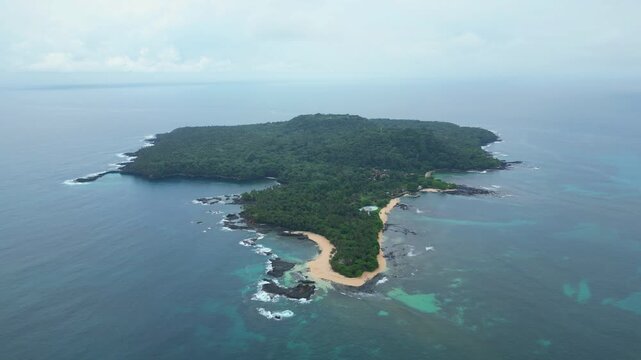Ilheu das Rolas island, cloudy day in Sao Tom&eacute; e Principe, Africa - Aerial circular view
