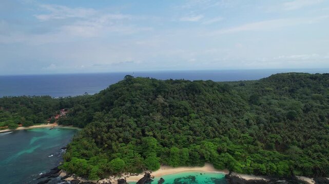 Aerial rising view from ilheu das rolas an island at south of Sao Tome,Africa