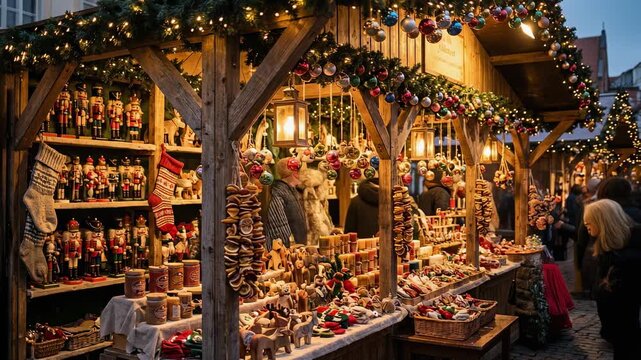 Charming Christmas market with festive decorations and handmade crafts in a winter setting