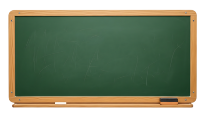 Green chalkboard with wooden frame and scratches isolated on a transparent background blackboard school