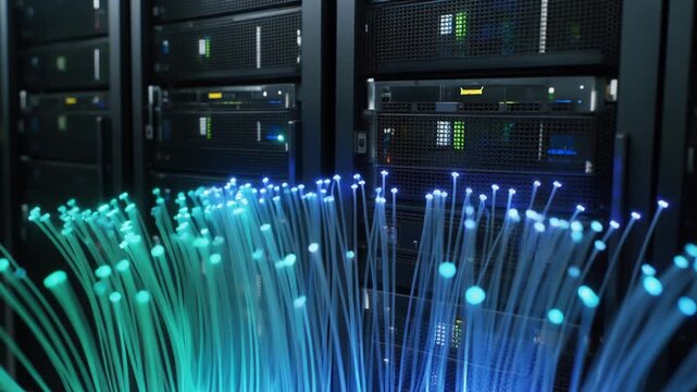 Fiber optic cables glowing in a data center with server racks in the background, symbolizing high-speed data transmission and network infrastructure.
