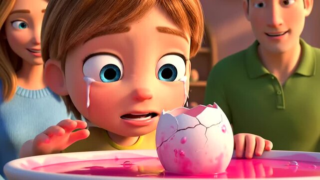 Tearful young boy reacts to a broken egg shell during a fun Easter Day activity, using natural egg dye, as his smiling parents watch on.