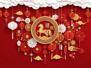 Vibrant chinese new year decoration with golden horse, red lanterns, and auspicious clouds