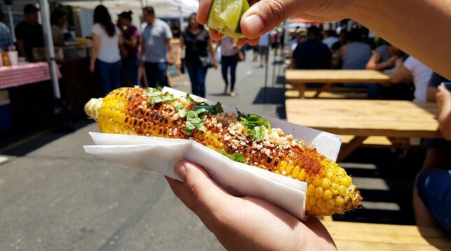 Person holding elotes with lime. Street food vendor selling grilled corn on the cob at a festival. Mexican cuisine street fair.