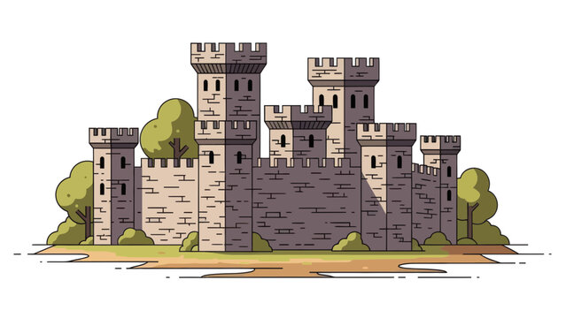 Cartoon Castle Fortress with Towers and Walls