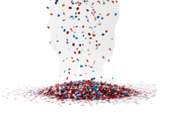 Red, silver, blue confetti, varied shapes and sizes, dynamically falling and scattering with a settled pile, against a transparent background with copy space, celebration atmosphere