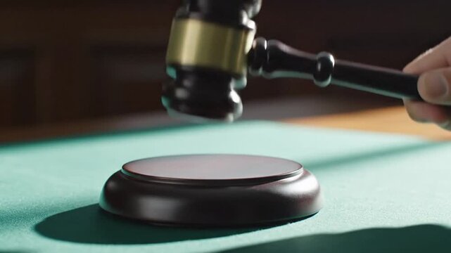 Judge's Gavel Striking Sound Block in Courtroom