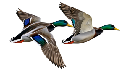 Two mallard ducks flying in formation isolated on a transparent background birds wings spread