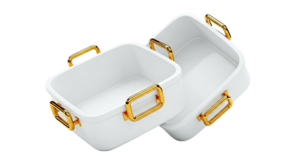 Two White Rectangular Containers with Gold Handles on White Background