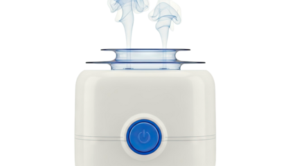 White essential oil diffuser with blue accents and vapor