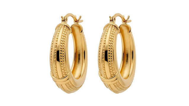 Gold hoop earrings with textured details isolated on a transparent background jewelry