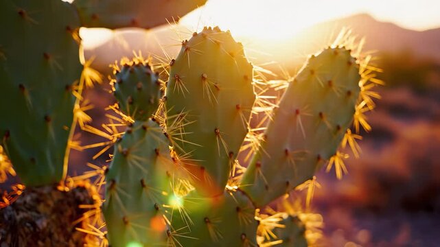 The scene features cacti basking in the sunlight. The vibrant light highlights the unique shapes and textures of the cacti.