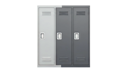 Three metal lockers, two dark gray and one light gray, against a white background.