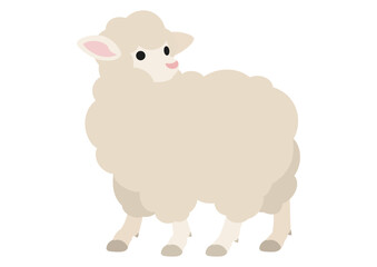 もこもこと後ろを振り向いて立つ横向きのひつじ