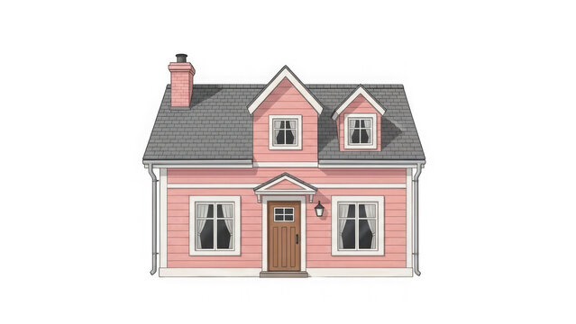 Pink house with gray roof and white trim isolated on transparent background