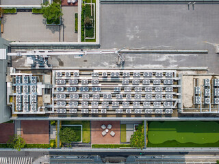 Efficient ventilation system on the roof of the house, air conditioner fans, ventilation system on the roof of residential buildings, aerial view