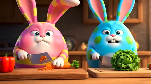 Focused cartoon bunnies intensely chopping fresh vegetables with cleavers, getting ready for joyful Easter Day celebrations and crafting vibrant natural egg dye.