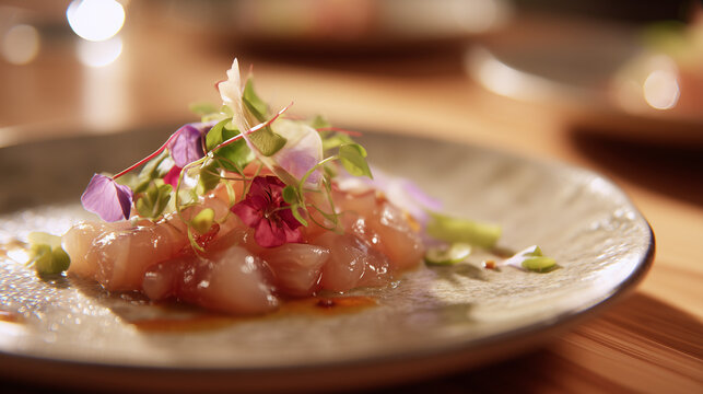 Elegant Nikkei Cuisine Seafood Dish in Fine Dining Restaurant