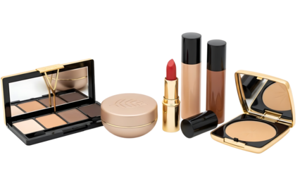 Makeup products including eyeshadow palette lipstick and foundation isolated on a transparent background