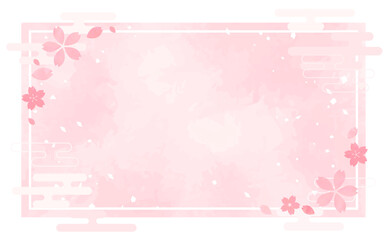 桜の手描き背景と四角和風フレーム_背景なし_横