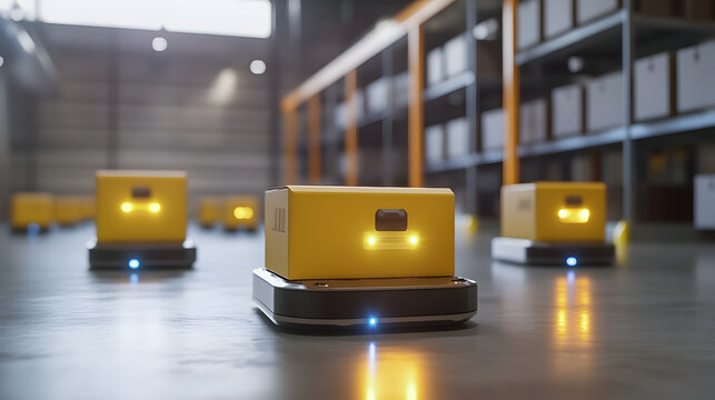 Multiple yellow autonomous robots navigating through a modern warehouse with precision and efficiency automated logistics in action - Powered by Adobe