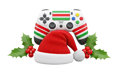Christmas-themed Game Controller with Santa Hat and Holly Berries