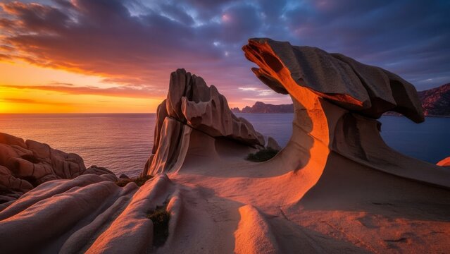 Rock formations on a serene beach at sunset with vibrant sky reflections on the sand and water - Powered by Adobe
