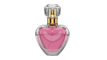 Heart-shaped perfume bottle with pink liquid and crystal cap
