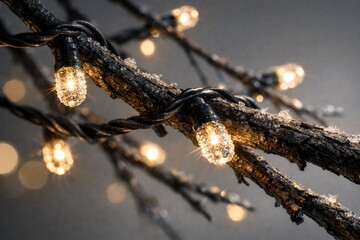 Fototapeta premium Fairy lights wrapped around a frozen branch with soft bokeh background